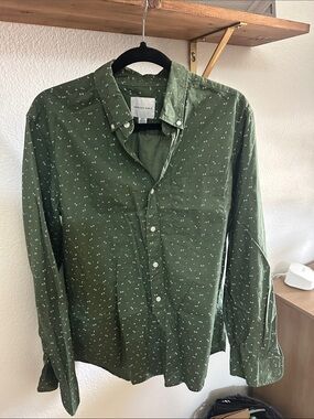 American Eagle Outfitters Medium Green Button-Down Shirt with White Micro Print